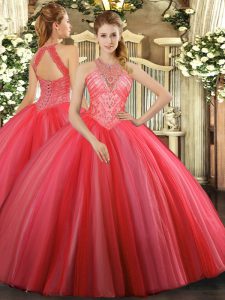 Coral Red Tulle Lace Up High-neck Sleeveless Floor Length 15th Birthday Dress Beading