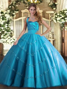 Baby Blue Halter Top Neckline Appliques Quinceanera Dresses Sleeveless Lace Up