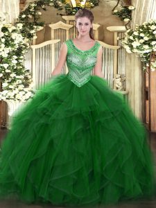 Green Ball Gowns Scoop Sleeveless Organza Floor Length Lace Up Beading and Ruffles Womens Party Dresses