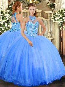 Fashionable Halter Top Sleeveless Sweet 16 Dresses Floor Length Embroidery Blue Tulle