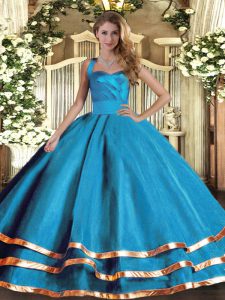 Baby Blue Tulle Lace Up Halter Top Sleeveless Floor Length Sweet 16 Dress Ruffled Layers