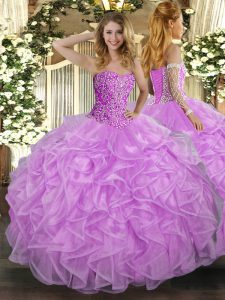 Lilac Ball Gowns Sweetheart Sleeveless Tulle Floor Length Lace Up Beading and Ruffles Sweet 16 Quinceanera Dress