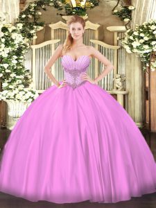 Cute Lilac Quinceanera Gown Military Ball and Sweet 16 and Quinceanera with Beading Sweetheart Sleeveless Lace Up