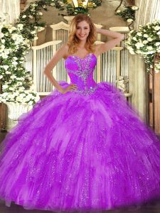 Deluxe Eggplant Purple Sweet 16 Dresses Sweet 16 and Quinceanera with Beading and Ruffles Sweetheart Sleeveless Lace Up