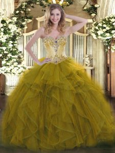 Fashion Floor Length Olive Green Quinceanera Dress Organza Sleeveless Beading and Ruffles