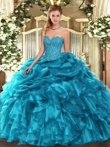 Fantastic Teal Sleeveless Organza Lace Up Quinceanera Dresses for Military Ball and Sweet 16 and Quinceanera
