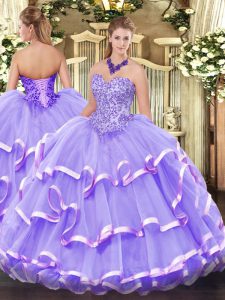 Appliques and Ruffled Layers Military Ball Gown Lavender Lace Up Sleeveless Floor Length