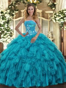 Teal Strapless Lace Up Beading and Ruffles Quinceanera Dress Sleeveless