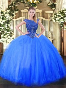 Nice Blue Quince Ball Gowns Sweet 16 and Quinceanera with Beading Scoop Cap Sleeves Zipper