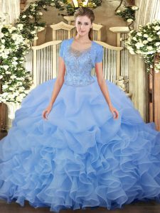 Aqua Blue Ball Gowns Beading and Ruffled Layers 15 Quinceanera Dress Clasp Handle Tulle Sleeveless Floor Length