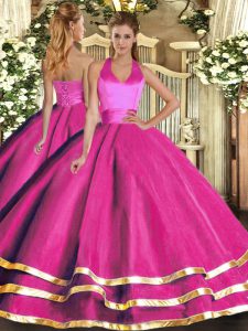 Hot Selling Fuchsia Quinceanera Gown Military Ball and Sweet 16 and Quinceanera with Ruffled Layers Halter Top Sleeveless Lace Up
