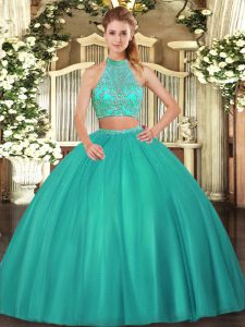Attractive Turquoise Halter Top Neckline Beading 15th Birthday Dress Sleeveless Criss Cross