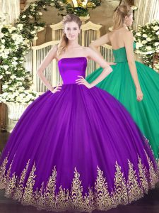 Purple Ball Gown Prom Dress Military Ball and Sweet 16 and Quinceanera with Appliques Strapless Sleeveless Zipper