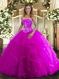 Luxurious Fuchsia Lace Up Strapless Beading and Ruffles 15th Birthday Dress Tulle Sleeveless