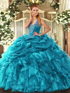Sleeveless Organza Floor Length Lace Up 15th Birthday Dress in Teal with Beading and Ruffles and Pick Ups