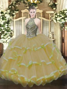 Gold Lace Up Sweet 16 Quinceanera Dress Beading and Ruffles Sleeveless Floor Length