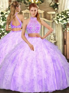 Modern Lilac Criss Cross Halter Top Beading and Ruffles Quinceanera Dresses Tulle Sleeveless