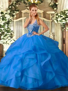 Baby Blue Ball Gowns Beading and Ruffles Quinceanera Dress Lace Up Tulle Sleeveless Floor Length