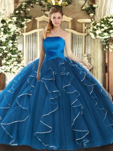 Blue Tulle Lace Up Quince Ball Gowns Sleeveless Floor Length Ruffles
