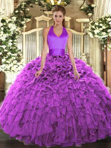 Sweet Ball Gowns Sweet 16 Dress Fuchsia Halter Top Organza Sleeveless Floor Length Lace Up