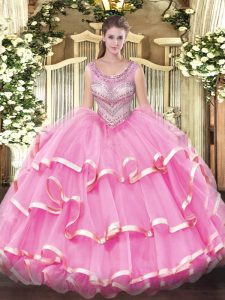 Sexy Scoop Sleeveless 15 Quinceanera Dress Floor Length Beading and Ruffles Lilac Organza