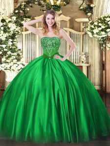 Custom Fit Sleeveless Floor Length Beading Lace Up Quince Ball Gowns with Green