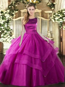 Sweet Fuchsia Tulle Lace Up Sweet 16 Dress Sleeveless Floor Length Ruffles and Ruffled Layers