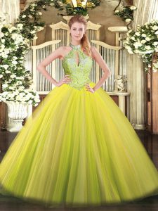 Tulle Halter Top Sleeveless Lace Up Sequins Ball Gown Prom Dress in Yellow Green