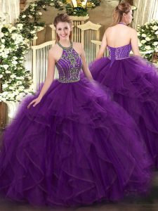 Latest Purple Ball Gown Prom Dress Military Ball and Sweet 16 and Quinceanera with Beading and Ruffles Halter Top Sleeveless Lace Up