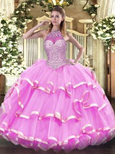 Halter Top Sleeveless Vestidos de Quinceanera Floor Length Beading and Ruffled Layers Rose Pink Organza