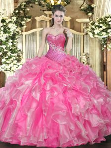 Excellent Hot Pink Sleeveless Beading and Ruffles Floor Length Vestidos de Quinceanera