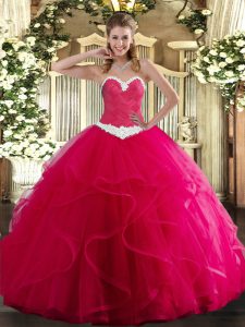 Hot Pink Sweetheart Lace Up Appliques and Ruffles Quinceanera Gown Sleeveless