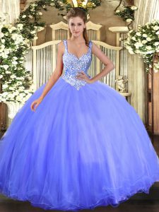 Sumptuous Floor Length Blue Quince Ball Gowns Straps Sleeveless Lace Up