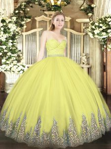 Floor Length Zipper Sweet 16 Quinceanera Dress Yellow for Military Ball and Sweet 16 and Quinceanera with Beading and Lace and Appliques