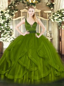 Sleeveless Tulle Floor Length Zipper Ball Gown Prom Dress in Olive Green with Beading and Ruffles