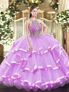 Sweet Sleeveless Beading and Ruffled Layers Lace Up Quince Ball Gowns
