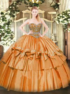Enchanting Orange Ball Gown Prom Dress Military Ball and Sweet 16 and Quinceanera with Beading and Ruffled Layers Sweetheart Sleeveless Lace Up