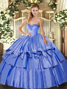 Custom Designed Sleeveless Floor Length Beading and Ruffled Layers Lace Up Sweet 16 Dresses with Blue