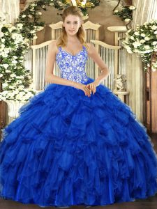 Decent Royal Blue Straps Neckline Beading and Ruffles 15th Birthday Dress Sleeveless Lace Up