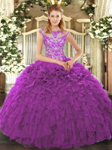 Cap Sleeves Organza Floor Length Lace Up Quinceanera Gown in Eggplant Purple with Beading and Appliques and Ruffles