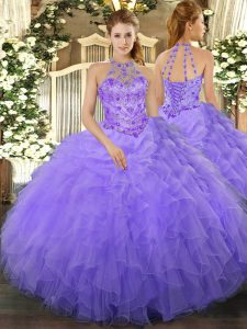 Latest Sleeveless Floor Length Beading and Ruffles Lace Up Sweet 16 Quinceanera Dress with Lavender