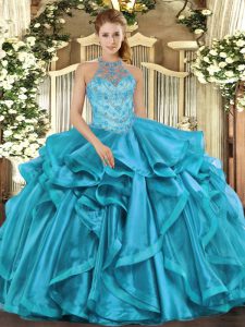 Noble Teal Lace Up Halter Top Beading Quinceanera Dresses Organza Sleeveless