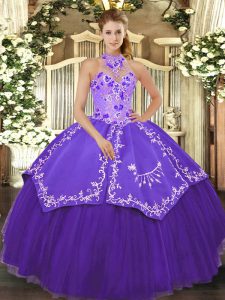 Purple Halter Top Lace Up Beading and Embroidery Quinceanera Dress Sleeveless