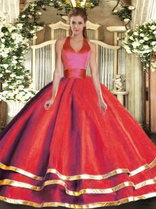 Sleeveless Tulle Floor Length Lace Up Quinceanera Gown in Red with Ruffled Layers