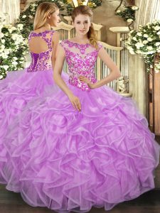 Scoop Cap Sleeves 15 Quinceanera Dress Floor Length Beading and Appliques and Ruffles Lilac Organza