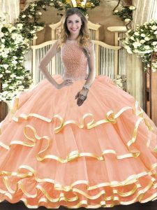 Organza High-neck Sleeveless Lace Up Beading and Ruffled Layers Sweet 16 Dresses in Peach