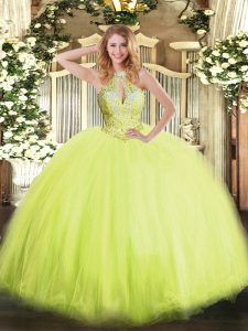 Fashion Yellow Green Tulle Lace Up Ball Gown Prom Dress Sleeveless Floor Length Beading