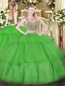 Cheap Sleeveless Lace Up Floor Length Beading and Ruffled Layers Quince Ball Gowns
