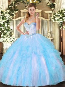 Aqua Blue Tulle Lace Up Party Dresses Sleeveless Floor Length Beading and Ruffles