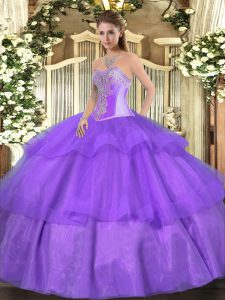 Glamorous Sleeveless Floor Length Beading and Ruffled Layers Lace Up 15 Quinceanera Dress with Lavender